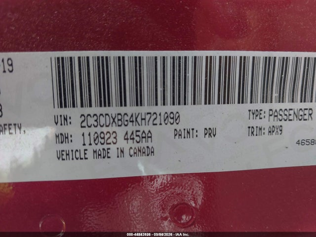 Продажа на аукционе авто 2019 Dodge Charger Sxt Rwd, vin: 2C3CDXBG4KH721090, номер лота: 44543126