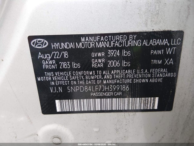 5NPD84LF7JH399186 Hyundai ELANTRA SEL