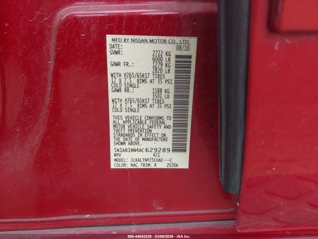 2010 NISSAN PATHFINDER 5N1AR1NN4AC629289 Photo 8