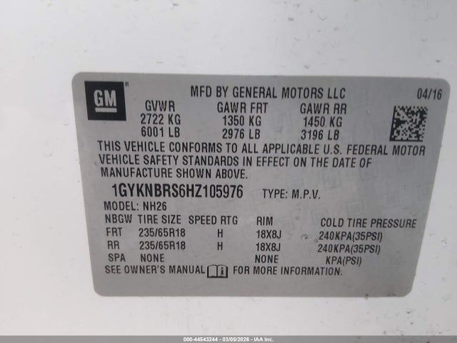 Продаж на аукціоні авто 2017 Cadillac Xt5 Luxury, vin: 1GYKNBRS6HZ105976, номер лоту: 44543244
