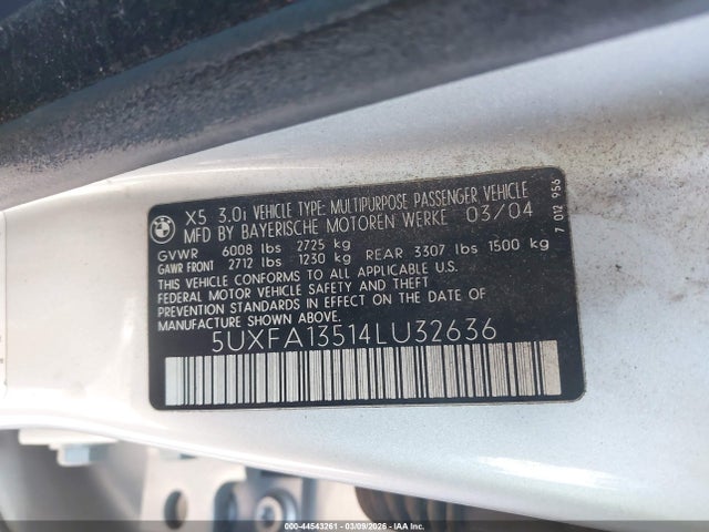 Aukcja sprzedaży 2004 Bmw X5 3.0i, vin: 5UXFA13514LU32636, numer aukcji: 44543261
