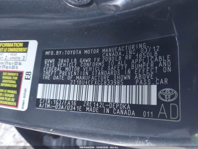 44543290 :رقم المزاد ، 2T1BU4EEXCC833985 vin ، 2012 Toyota Corolla L مزاد بيع