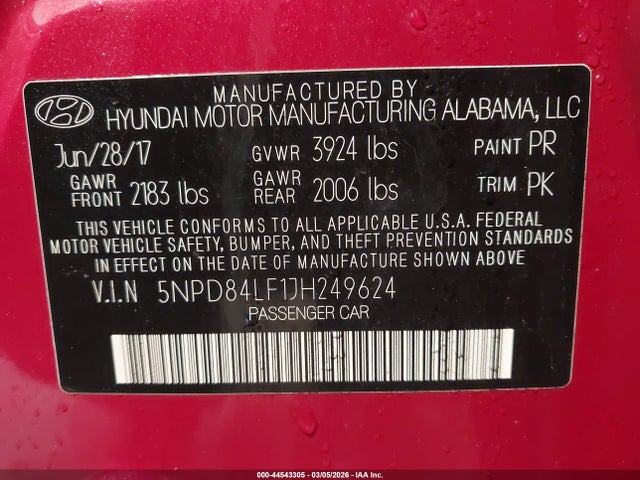 44543305 :رقم المزاد ، 5NPD84LF1JH249624 vin ، 2018 Hyundai Elantra Sel مزاد بيع