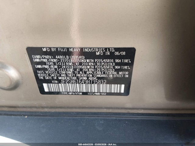 Aukcja sprzedaży 2009 Subaru Forester 2.5x, vin: JF2SH61649H735832, numer aukcji: 44543326