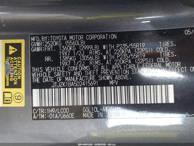 44543340 :رقم المزاد ، JTJZK1BA5D2415691 vin ، 2013 Lexus Rx 350 مزاد بيع