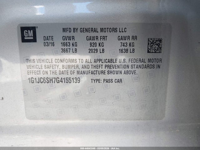 Продажа на аукционе авто 2016 Chevrolet Sonic Lt Auto, vin: 1G1JC6SH7G4155139, номер лота: 44543349
