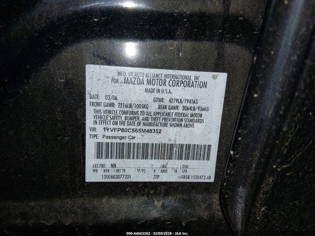 44543352 :رقم المزاد ، 1YVFP80C565M48352 vin ، 2006 Mazda Mazda6 I مزاد بيع
