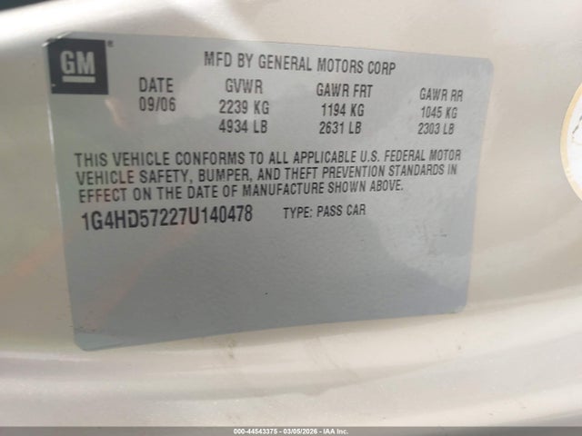 2007 Buick Lucerne Cxl მანქანა იყიდება აუქციონზე, vin: 1G4HD57227U140478, აუქციონის ნომერი: 44543375