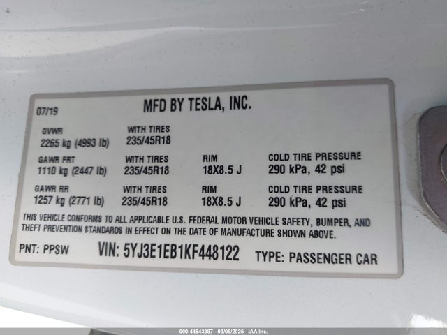 Aukcja sprzedaży 2019 Tesla Model 3 Long Range/performance, vin: 5YJ3E1EB1KF448122, numer aukcji: 44543387