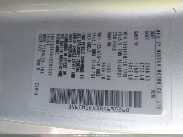 Продажа на аукционе авто 2017 Nissan Nv200 Sv, vin: 3N6CM0KN5HK690260, номер лота: 44543417