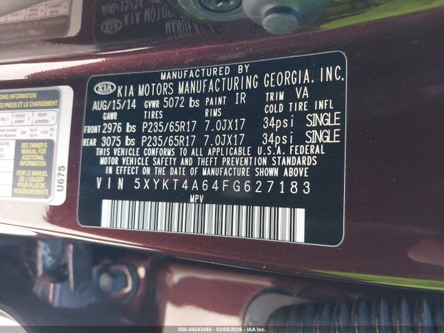 KIA SORENTO LX 2015 5XYKT4A64FG627183 Image 9