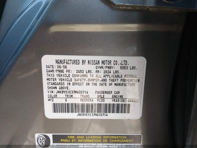 2007 Infiniti M45 Sport მანქანა იყიდება აუქციონზე, vin: JNKBY01E37M400714, აუქციონის ნომერი: 44543487