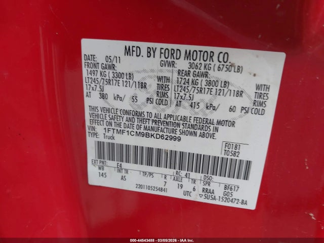 2011 Ford F-150 Xl მანქანა იყიდება აუქციონზე, vin: 1FTMF1CM9BKD62999, აუქციონის ნომერი: 44543488