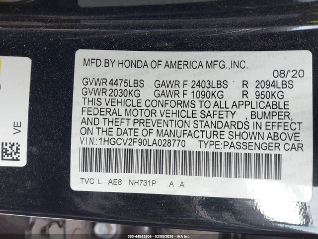 44543506 :رقم المزاد ، 1HGCV2F90LA028770 vin ، 2020 Honda Accord Touring مزاد بيع