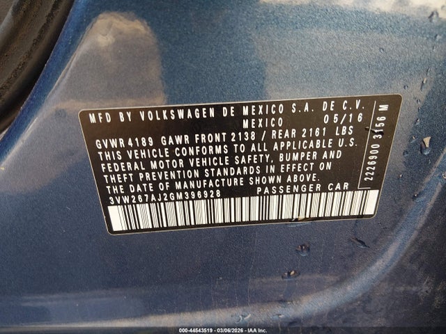 Продажа на аукционе авто 2016 Volkswagen Jetta 1.4t S, vin: 3VW267AJ2GM396928, номер лота: 44543519