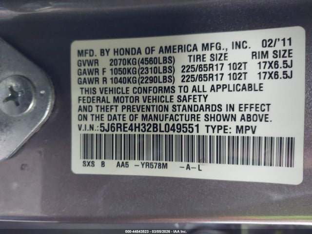 44543523 :رقم المزاد ، 5J6RE4H32BL049551 vin ، 2011 Honda Cr-v Lx مزاد بيع