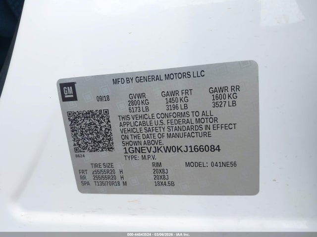 Aukcja sprzedaży 2019 Chevrolet Traverse High Country, vin: 1GNEVJKW0KJ166084, numer aukcji: 44543524