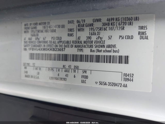 2019 Ford Transit-350 Xlt მანქანა იყიდება აუქციონზე, vin: 1FBVU4XM0KKB23657, აუქციონის ნომერი: 44543540
