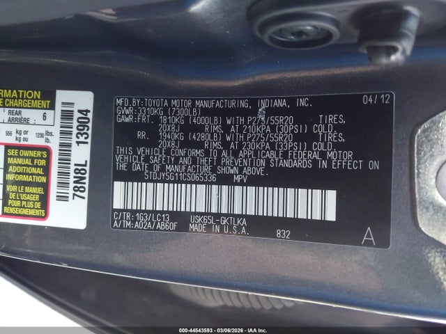 44543593 :رقم المزاد ، 5TDJY5G11CS065336 vin ، 2012 Toyota Sequoia Limited 5.7l V8 مزاد بيع