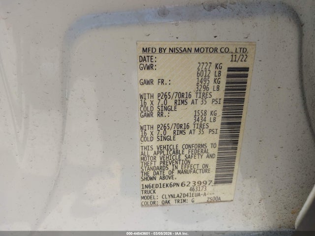 2023 Nissan Frontier S 4x4 მანქანა იყიდება აუქციონზე, vin: 1N6ED1EK6PN623997, აუქციონის ნომერი: 44543601