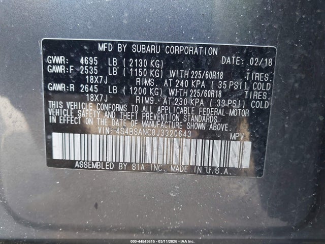 44543615 :رقم المزاد ، 4S4BSANC8J3320643 vin ، 2018 Subaru Outback 2.5i Limited مزاد بيع