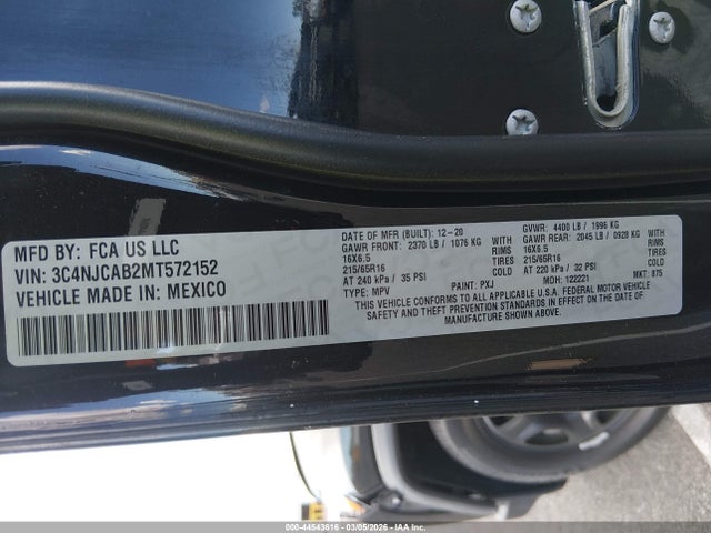 44543616 :رقم المزاد ، 3C4NJCAB2MT572152 vin ، 2021 Jeep Compass Sport Fwd مزاد بيع
