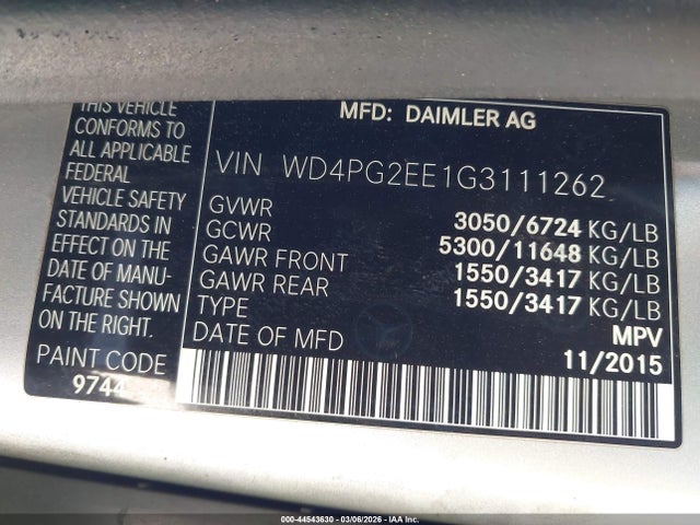 Продаж на аукціоні авто 2016 Mercedes-benz Metris, vin: WD4PG2EE1G3111262, номер лоту: 44543630