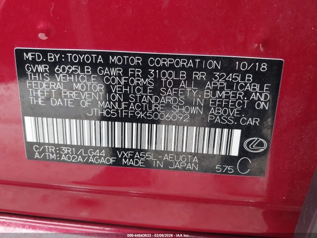 44543633 :رقم المزاد ، JTHC51FF9K5006092 vin ، 2019 Lexus Ls 500 مزاد بيع