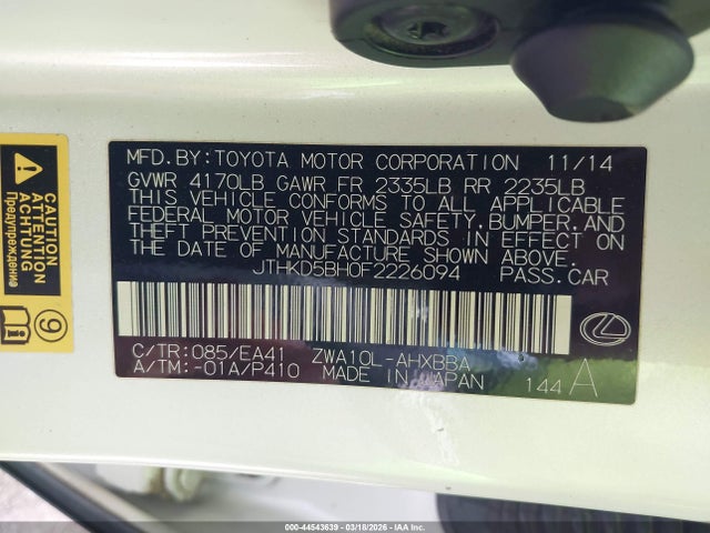 Aukcja sprzedaży 2015 Lexus Ct 200h, vin: JTHKD5BH0F2226094, numer aukcji: 44543639
