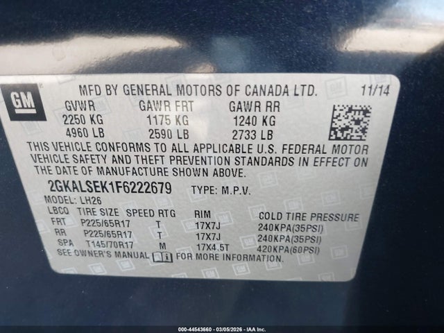 Aukcja sprzedaży 2015 Gmc Terrain Slt-1, vin: 2GKALSEK1F6222679, numer aukcji: 44543660
