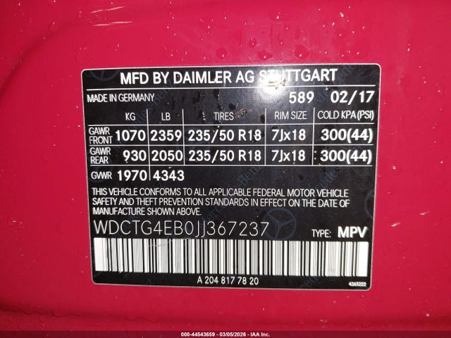 Aukcja sprzedaży 2018 Mercedes-benz Gla 250, vin: WDCTG4EB0JJ367237, numer aukcji: 44543659