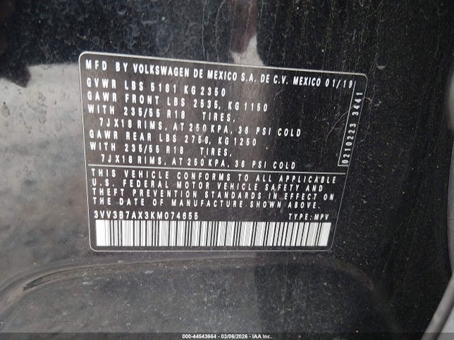 44543664 :رقم المزاد ، 3VV3B7AX3KM074655 vin ، 2019 Volkswagen Tiguan 2.0t Se/2.0t Sel/2.0t Sel R-line/2.0t Sel R-line Black مزاد بيع