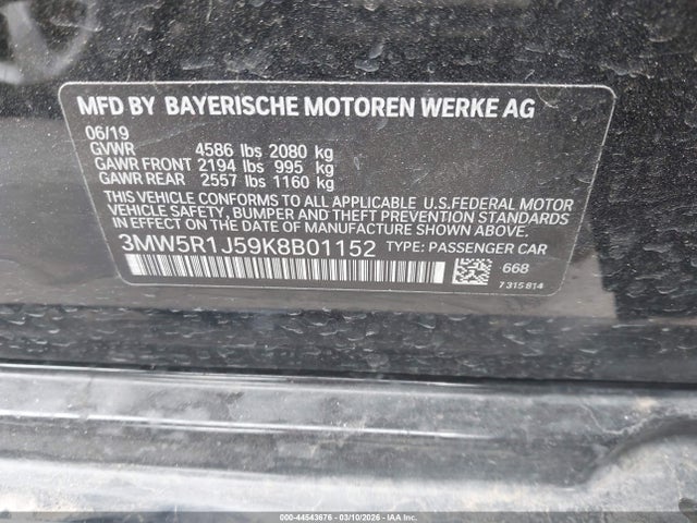 2019 Bmw 330i მანქანა იყიდება აუქციონზე, vin: 3MW5R1J59K8B01152, აუქციონის ნომერი: 44543676