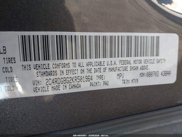 2019 Dodge Grand Caravan Se Plus მანქანა იყიდება აუქციონზე, vin: 2C4RDGBG2KR501964, აუქციონის ნომერი: 44543681