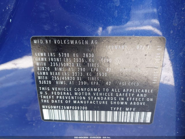 Aukcja sprzedaży 2021 Volkswagen Id.4 1st Edition, vin: WVGDMPE25MP009200, numer aukcji: 44543694