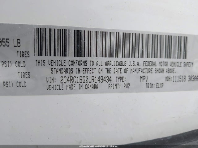 Продажа на аукционе авто 2018 Chrysler Pacifica Touring L, vin: 2C4RC1BG0JR149434, номер лота: 44543697