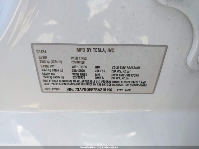 44543701 :رقم المزاد ، 7SAYGDEE7RA215190 vin ، 2024 Tesla Model Y Long Range Dual Motor All-wheel Drive مزاد بيع