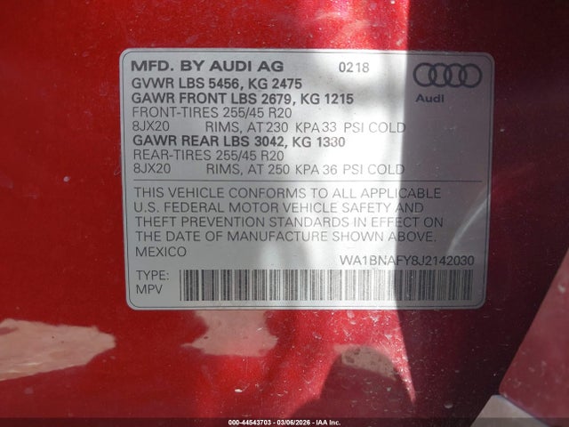 44543703 :رقم المزاد ، WA1BNAFY8J2142030 vin ، 2018 Audi Q5 2.0t Premium/2.0t Tech Premium مزاد بيع