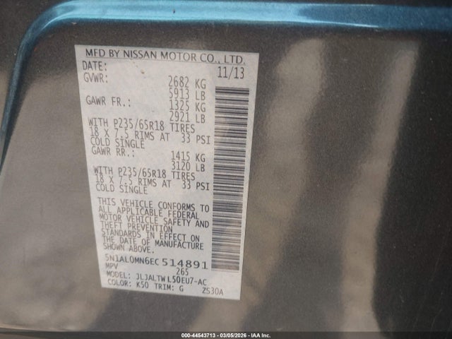 44543713 :رقم المزاد ، 5N1AL0MN6EC514891 vin ، 2014 Infiniti Qx60 مزاد بيع