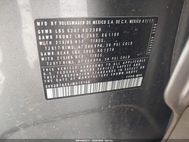 Продажа на аукционе авто 2018 Volkswagen Tiguan 2.0t Se/2.0t Sel, vin: 3VV3B7AX9JM019108, номер лота: 44543717