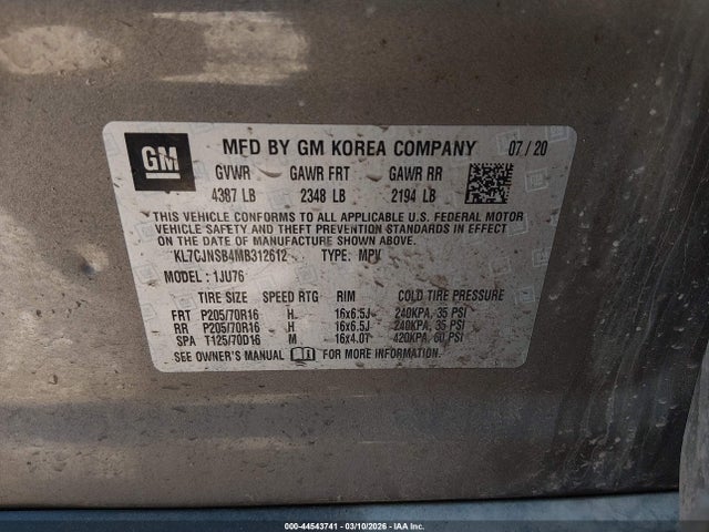 44543741 :رقم المزاد ، KL7CJNSB4MB312612 vin ، 2021 Chevrolet Trax Awd Ls مزاد بيع