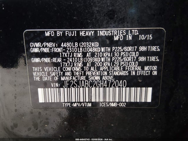 Продаж на аукціоні авто 2016 Subaru Forester 2.5i, vin: JF2SJABC2GH472040, номер лоту: 44543743