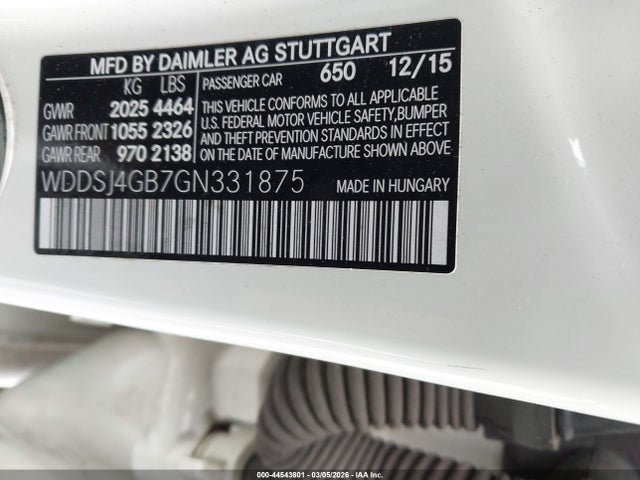 44543801 :رقم المزاد ، WDDSJ4GB7GN331875 vin ، 2016 Mercedes-benz Cla 250 4matic مزاد بيع