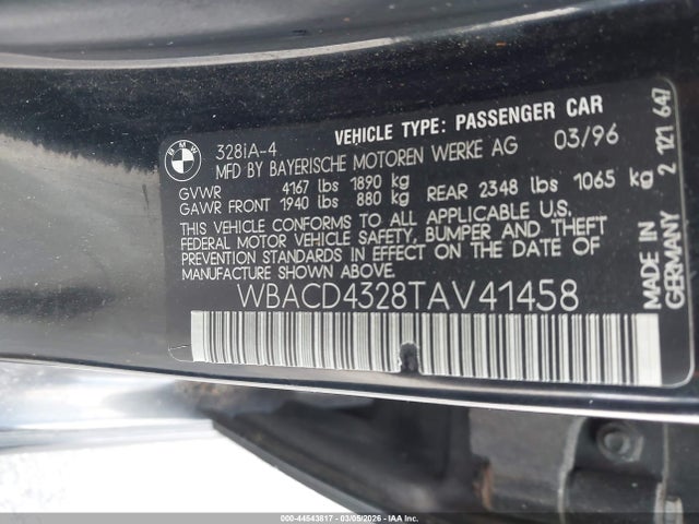 Aukcja sprzedaży 1996 Bmw 328 I Automatic, vin: WBACD4328TAV41458, numer aukcji: 44543817