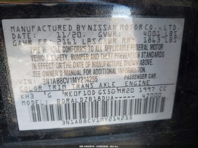 44543819 :رقم المزاد ، 3N1AB8CV1MY214255 vin ، 2021 Nissan Sentra Sv Xtronic Cvt مزاد بيع