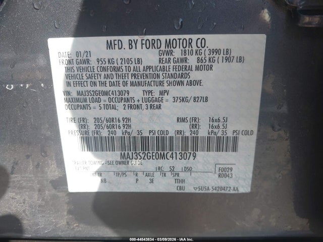 Продаж на аукціоні авто 2021 Ford Ecosport Se, vin: MAJ3S2GE0MC413079, номер лоту: 44543834