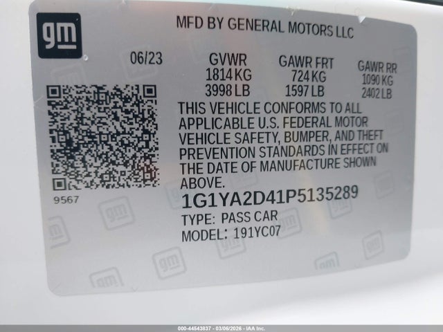 1G1YA2D41P5135289 Chevrolet Corvette Stingray Rwd 1lt
