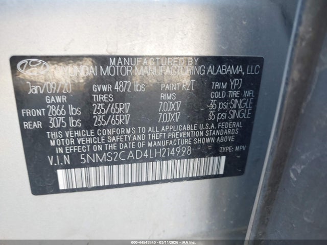 5NMS2CAD4LH214998 Hyundai Santa Fe Se