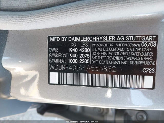 44543843 :رقم المزاد ، WDBRF40J64A555832 vin ، 2004 Mercedes-benz C 230 Kompressor Sport/sport مزاد بيع