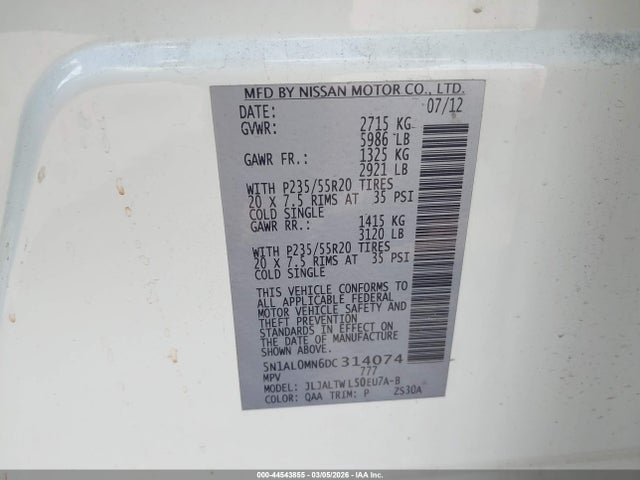 Aukcja sprzedaży 2013 Infiniti Jx35, vin: 5N1AL0MN6DC314074, numer aukcji: 44543855